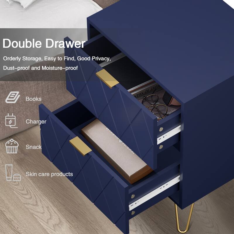 2 Drawers Nightstand Metal Legs End Side Table Bedside Table