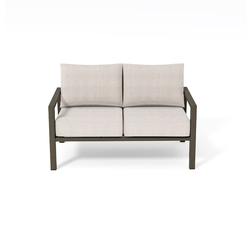 Nimbus 2-Person Brown Aluminum Patio Loveseat with Sunbrella Light Gray Cushions