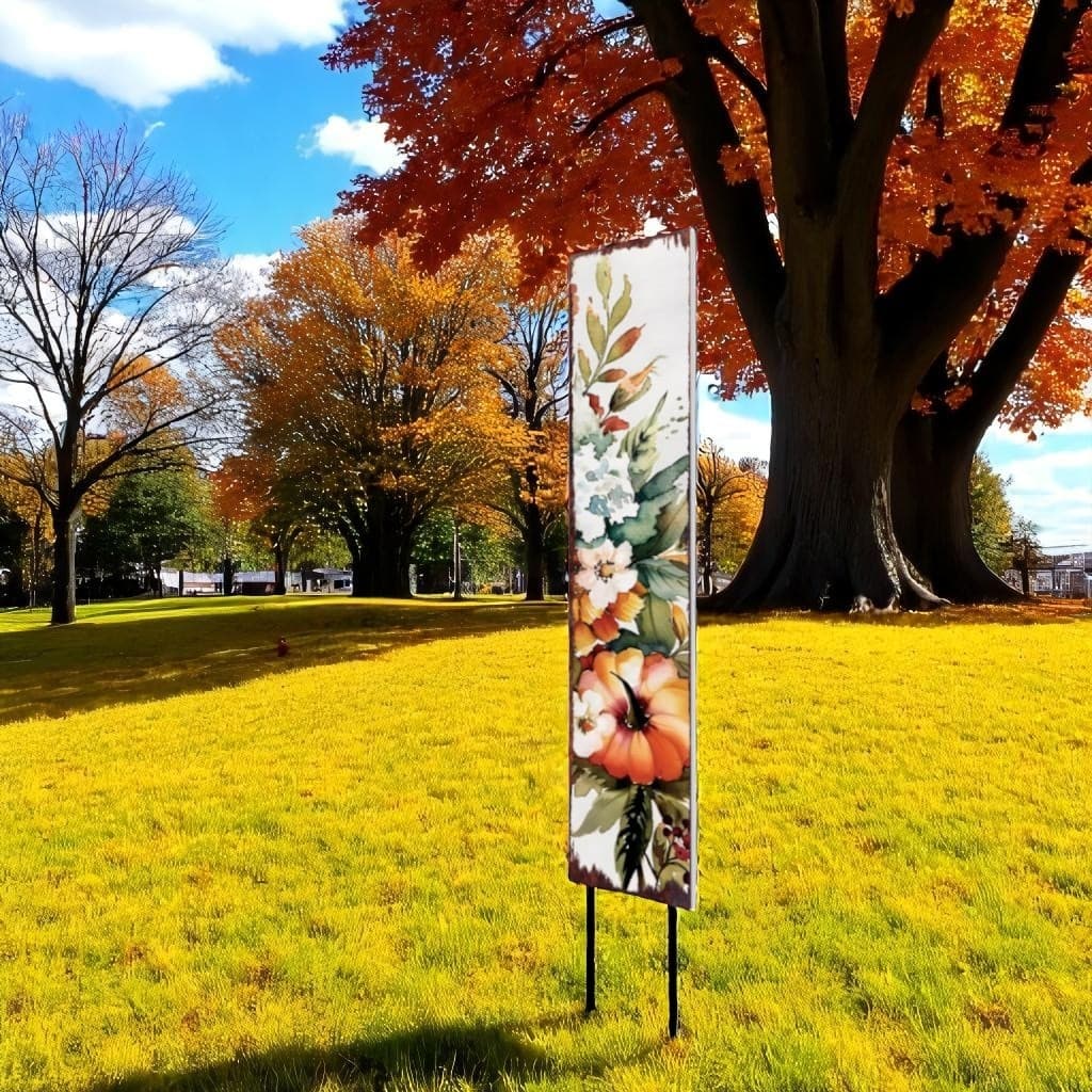 HomeRoots 42" Green Orange And White Solid Wood Watercolor Floral Pumpkin Garden Stake