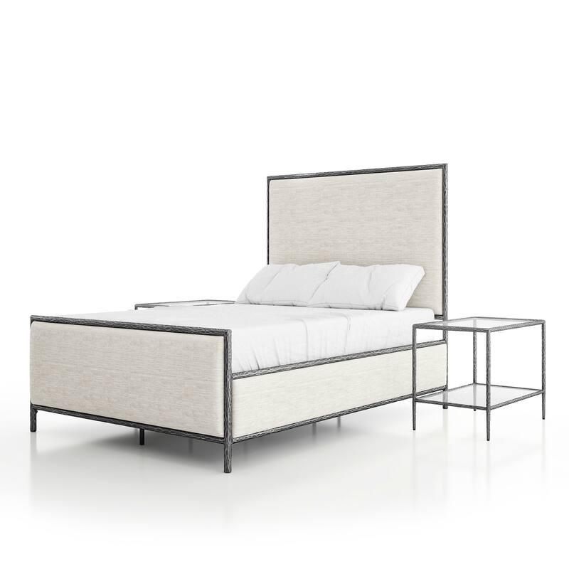247 Shop At Home Lalia Modern 3-Piece Upholstered Hammered Metal Panel Bedroom Set with 2 Nightstands - Matte Grey - Full