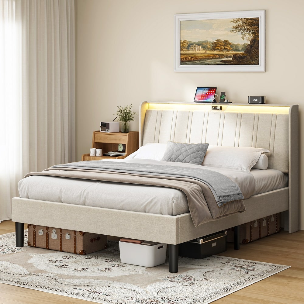 Twin Size Platform Bed Frame with Fabric Upholstered Headboard & Wooden Slats Support