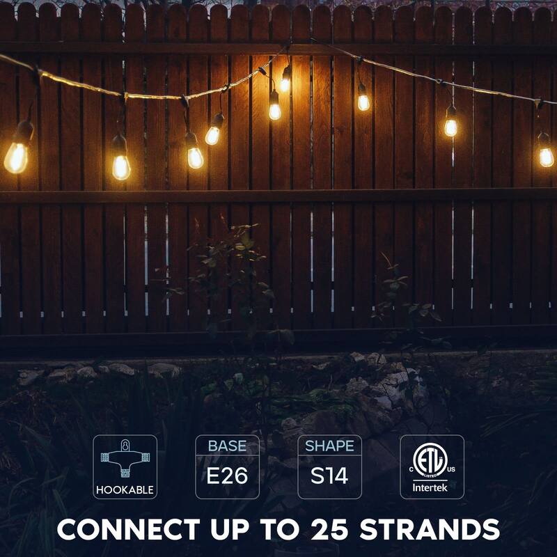 Luxrite 24FT LED Outdoor String Lights Commercial Grade Waterproof, 12 S14 Shatterproof Bulbs, IP65, Patio Garden Cafe - 24 FT