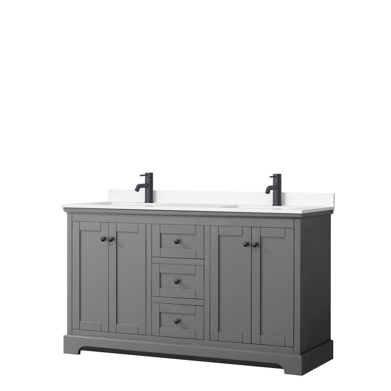 Avery 60 Inch Double Vanity, Cultured Marble Top - Dark Gray, Black Trim, White Cultured Marble Top