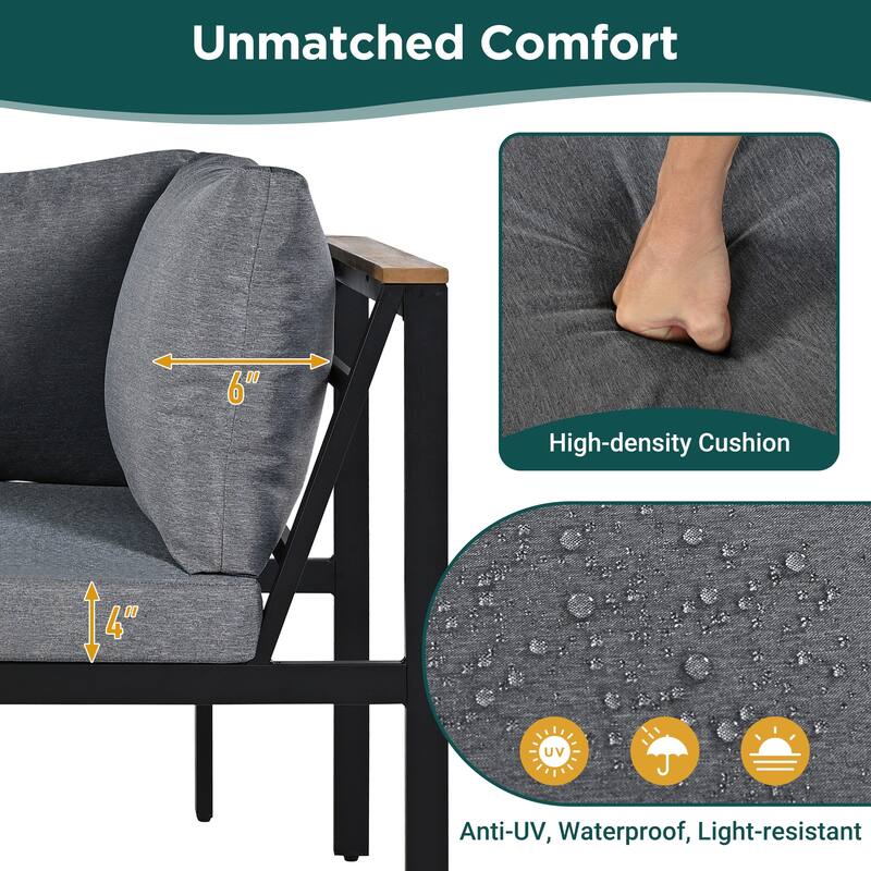 4-Piece Outdoor Sofa Set with Waterproof Cushions, Iron & Acacia Wood Frame, Coffee Table & Pillows Included