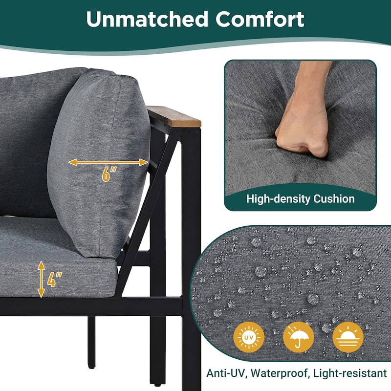 4 Pieces Outdoor Sofa Set - Loveseats with Waterproof Cushions, Iron-Wood Design for Garden, Pool