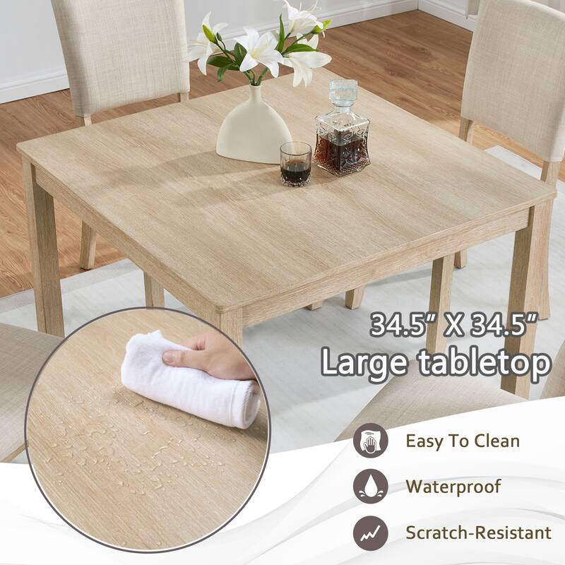 Modern Dining Table Set with Linen-Padded Seats and Backrests, for Living Rooms Kitchens, 4-Piece Set, Light Oak + Beige