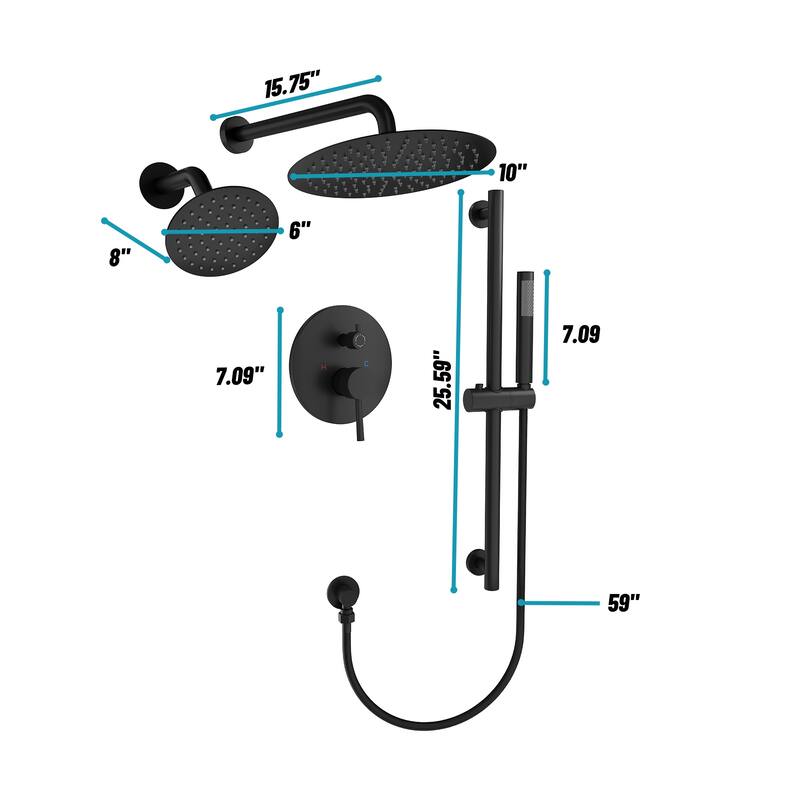 3-Spray Round 10 and 6 in. Dual Wall Mount Fixed and Handheld Shower Head in Matte Black, Valve Included - 10" x 10"