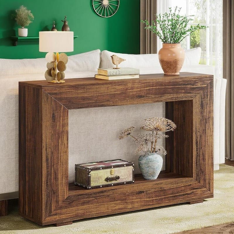 Brown Wood Grain Console Table with Particleboard and Rustic Farmhouse Style - 47.24” L x 11.81” W x 32.87” H