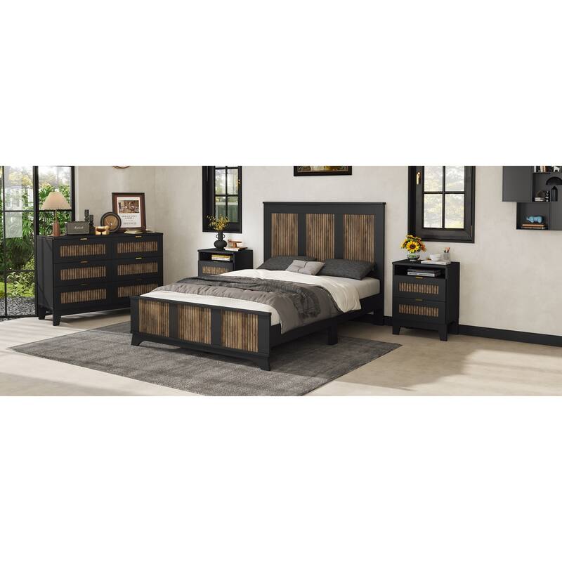 Stylish Platform Bed Slats Support Wood Bed, Rustic Farmhouse Style Bed Frame with Wooden Strip Decoration Elevated Headboard