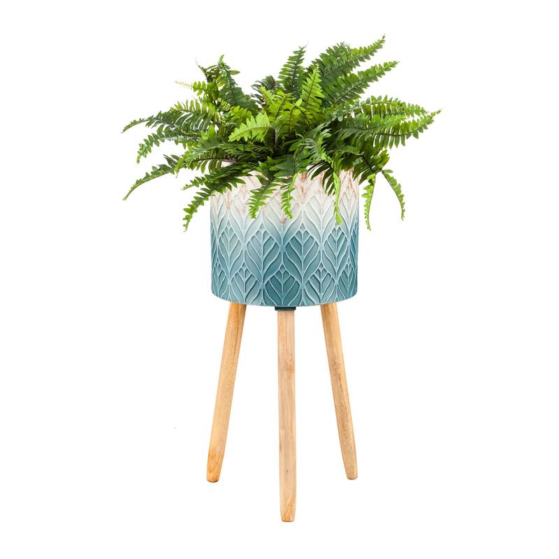 Ombre Blue Feather Metal Planters with Wooden Legs (3-Pack)