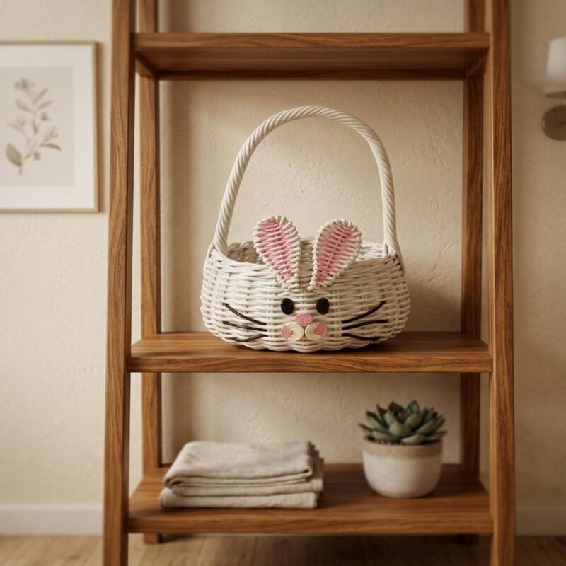 Hand Woven Bunny Rattan Wedding Flower Girl Basket Easter Bin Home Decor Cute Handmade Handcrafted Nursery Gift Animal Storage