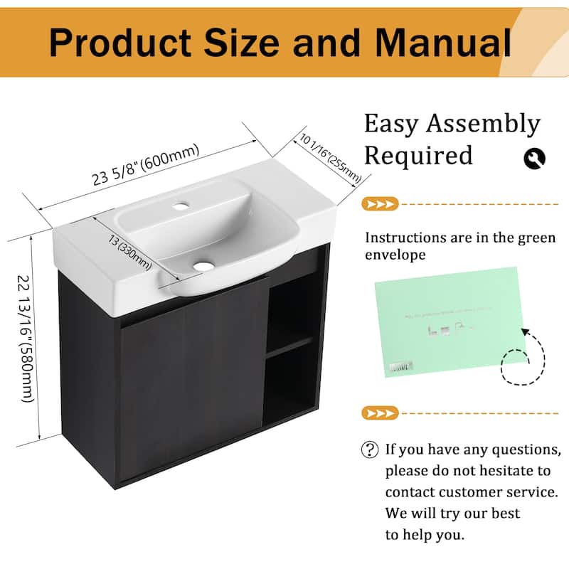 Malwee 24"/28" Floating Bathroom Vanity,Wall Mounted Bathroom Vanity with Ceramic Sink and Soft Close Door