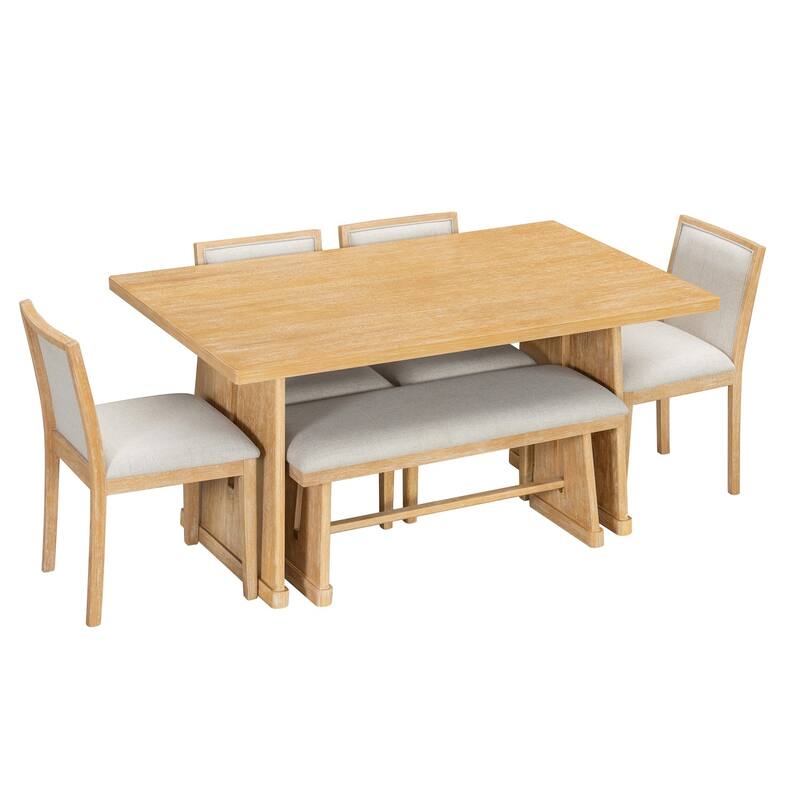 59.8" Farmhouse Dining Table with 4 Upholstered Chairs and 1 Padded Bench