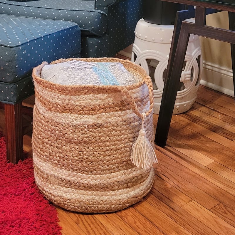 Sevita Tan/White Striped Jute Hand-Made Storage Basket - 17" x 17" x 17"