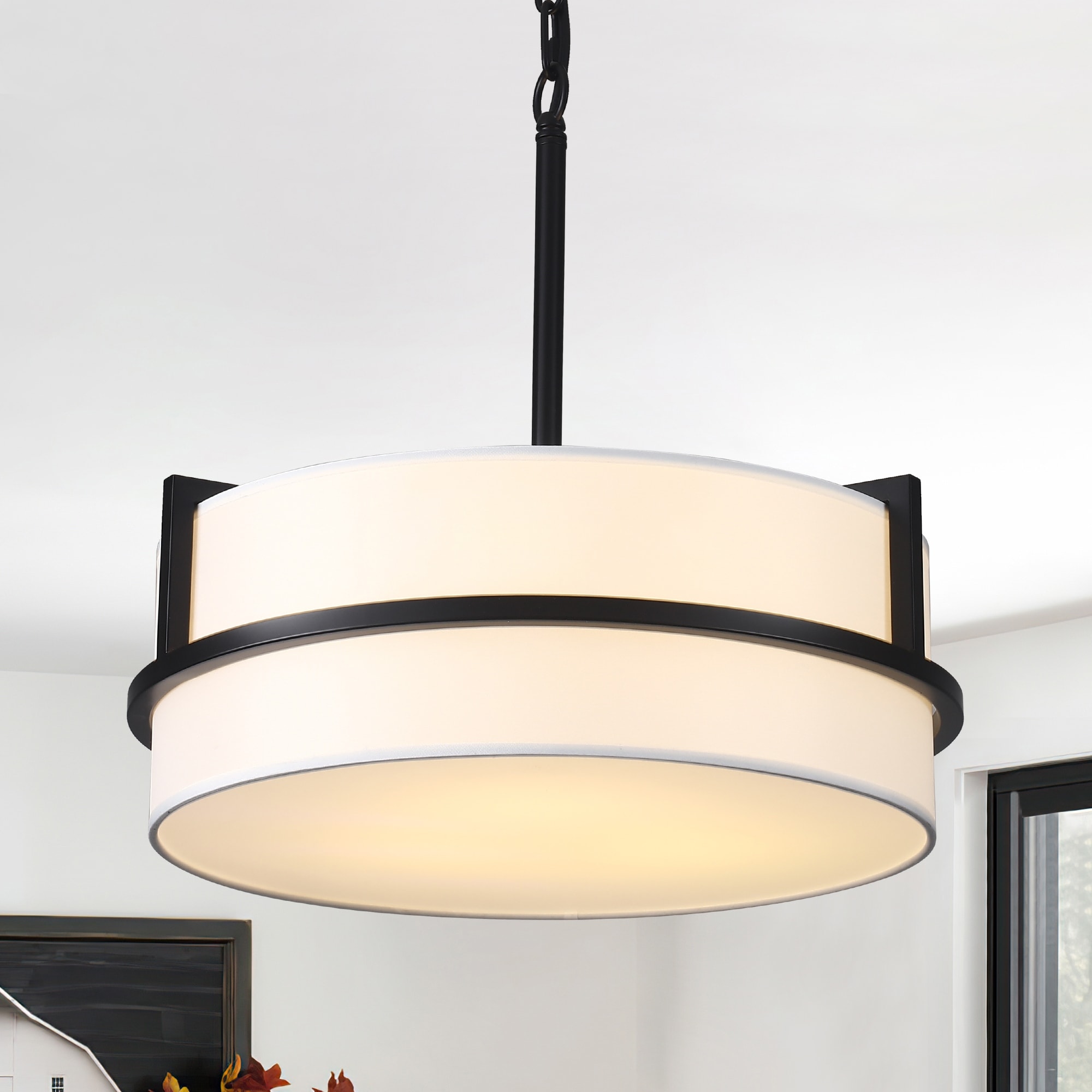 Zjvaive Modern 3-Light Fabric Drum Shape Dimmable Chandelier for Dining Room