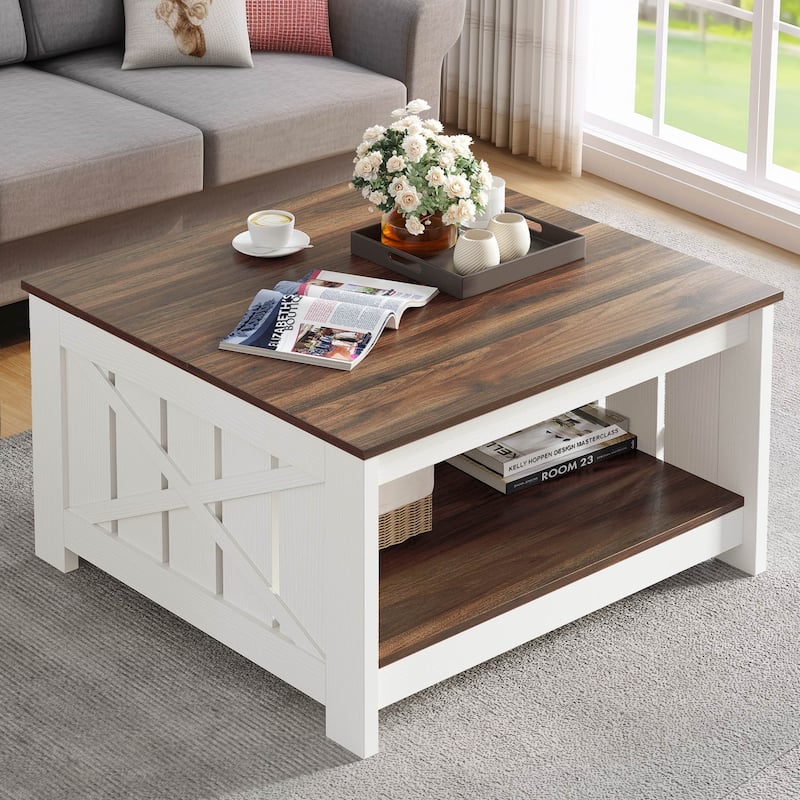 Moasis Farmhouse Coffee Table with Storage for Living Room Square Center Table