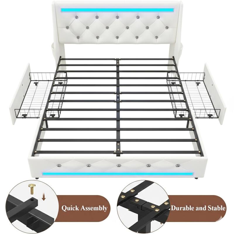 Upholstered Platform Bed Frame with Diamond Tufted Headboard, LED Lights & Charging Station
