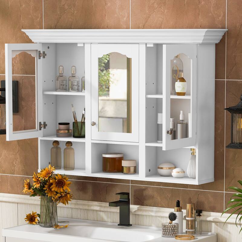 Roomfitters 47" Wall Cabinet with Mirror, 3 Adjustable Shelves and Open Compartments, Over Toilet Bathroom Storage, White