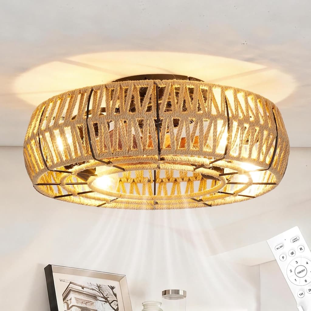 20 in 6 Speed Reversible Caged Ceiling Fan with Light Flush Mount for Bedroom Living Room