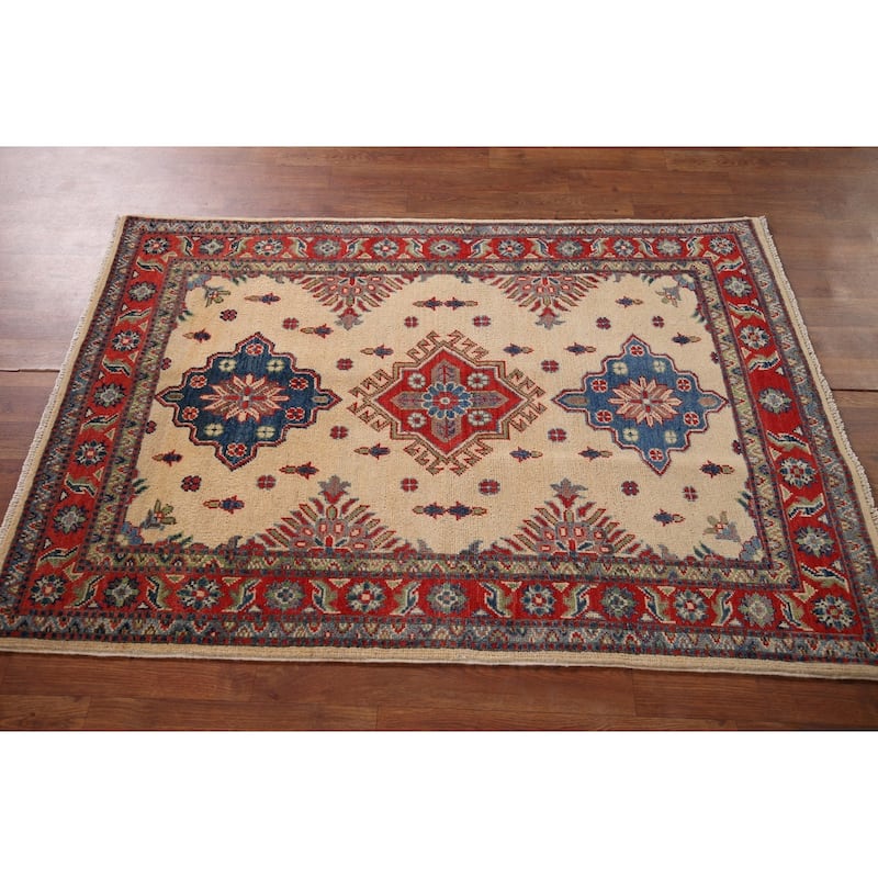 Kazak Accent Rug Handmade Geometric Beige Wool Carpet - 3'5" x 5'0"