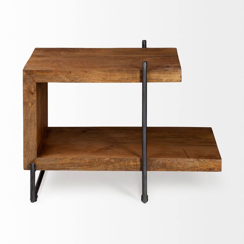 Maddox Medium Brown Solid Wood w/ Black Metal Frame C-Shaped End/Side Table