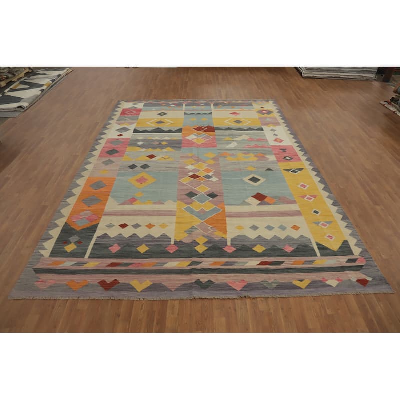 Hand Woven Southwestern Wool Multi-Colored Geometric Area Rug - 12' 11'' X 9' 6''