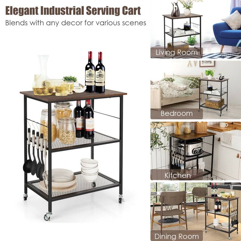 3 Tier Rolling Kitchen Cart with Hooks and Wheels for Storage and Utility