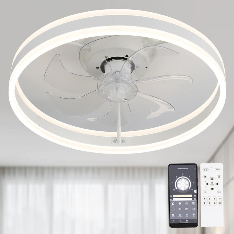 Oaks Aura Modern 20in. Low Profile Ceiling Fan with Light, 6-Speed Flush Mount Ceiling Fan, Smart App Remote Control For Bedroom - 20in.-Flush Mount - White