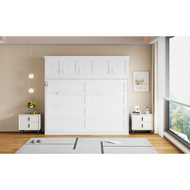 Queen Murphy Wall Bed with Top Cabinets Space Saving Design Easy Storage
