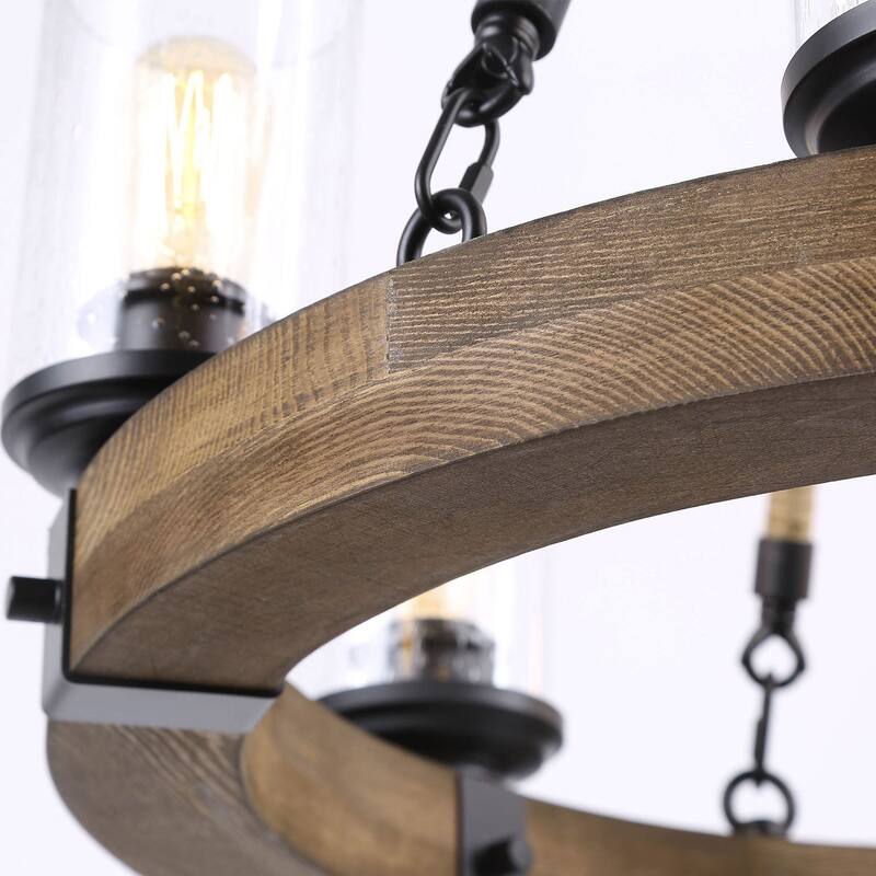 Farmhouse 6-Light Wagon Wheel Wood Chandelier for Dining Room - D25"x H 28"