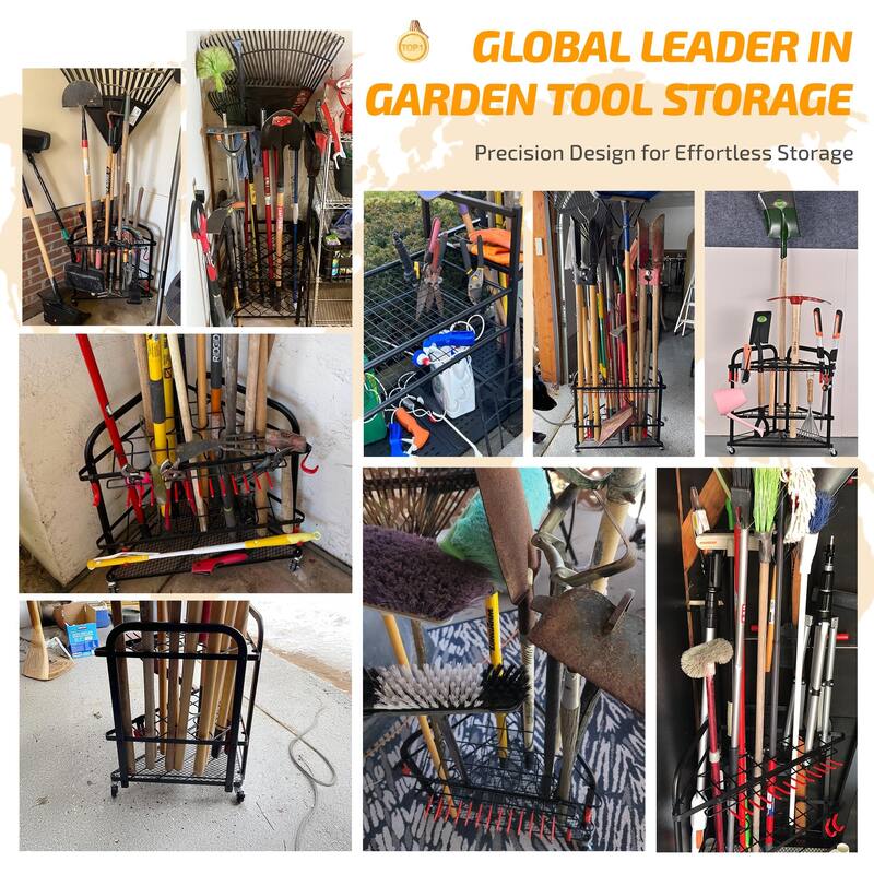 Rolling Yard Tool Storage Rack with 31 Slots for Shed and Garden