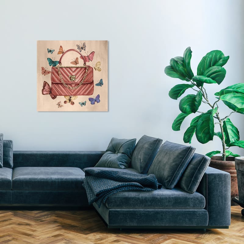 Wynwood Studio Canvas Fashion and Glam Vintage Butterflies Glam Bag Pink and Metallic Gold Glam Wall Art Canvas Print - 30 x 30