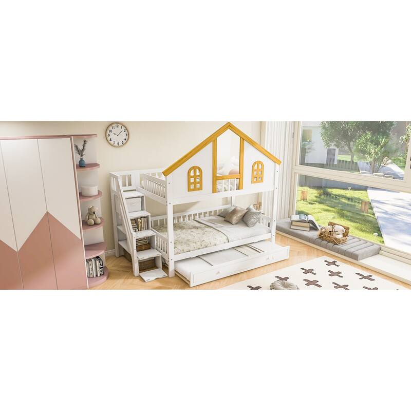 Roomfitters Twin Over Twin/Full Over Full House Bunk Bed with Trundle, Storage Staircase and Roof, White and Natural