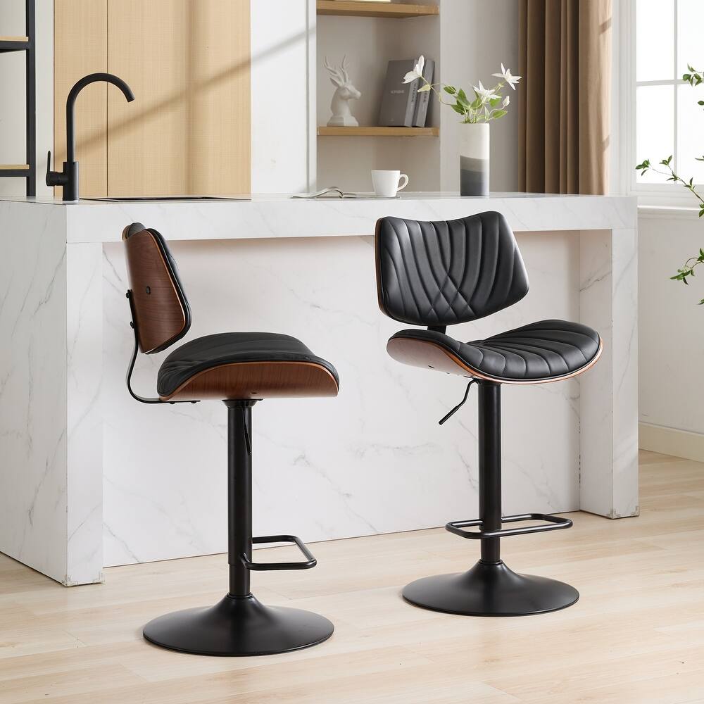 Roomfitters Mid-Century Adjustable Swivel Bar Stool, Walnut Bentwood PU Leather Counter Chair with Ergonomic Back