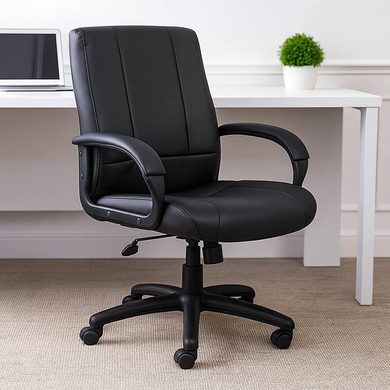 Ruia Executive Mid Back Office Chair, Black Soft Vinyl, Padded Arms