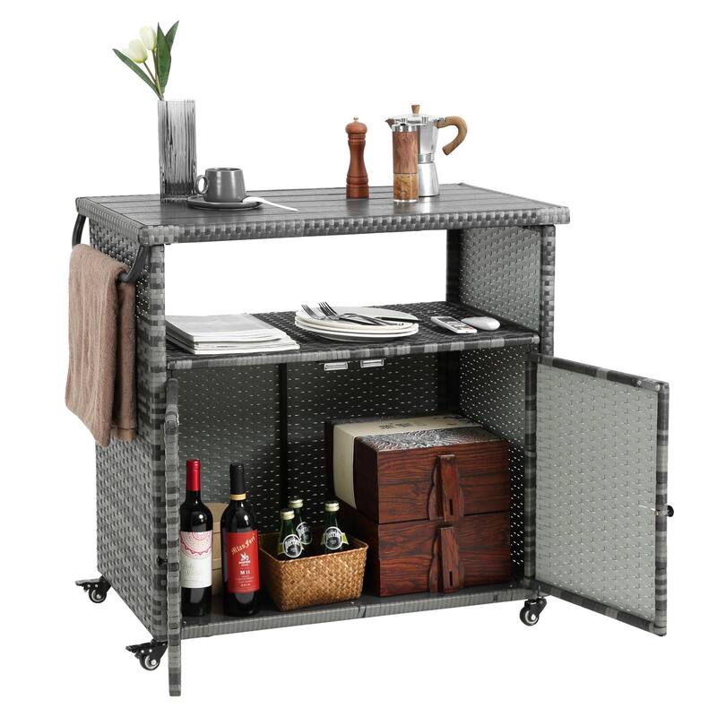 Outdoor Wicker Bar Cart,Patio Wine Serving Cart Wheels,Rolling Rattan Beverage Bar Counter Table Glass Top