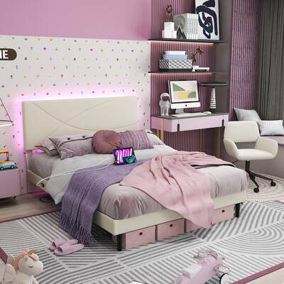 Homy Casa Platform Bed with LED Headboard & Charging Ports