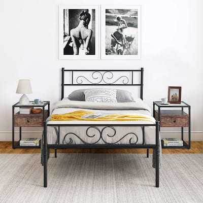 Tamika 3-pieces Metal Bed Frame Tempered Glass Nightstands Set