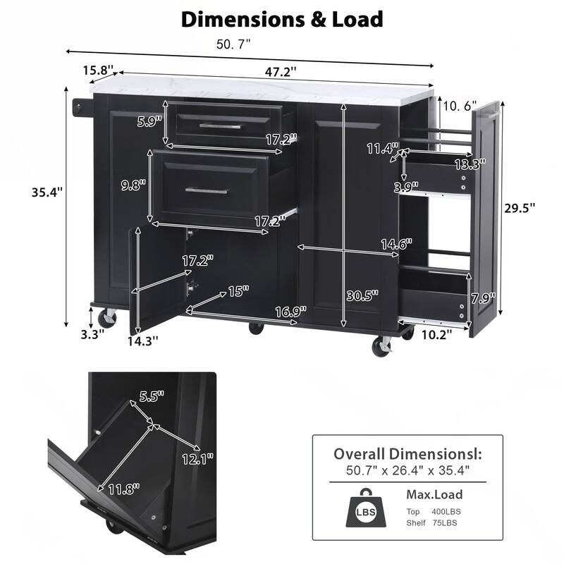 Kitchen Island with Storage Tilt Trash Can Cabinet and Pull Out Cabinet Organizer