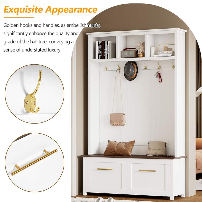Elegant 4-in-1 Hall Tree with Golden Hooks, Wood Grain Bench, and Ample Storage