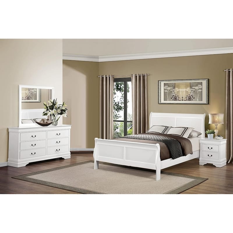 Transitional White Finish 4Pc Bedroom Furniture Set Sleigh Bed Dresser Mirror Nightstand