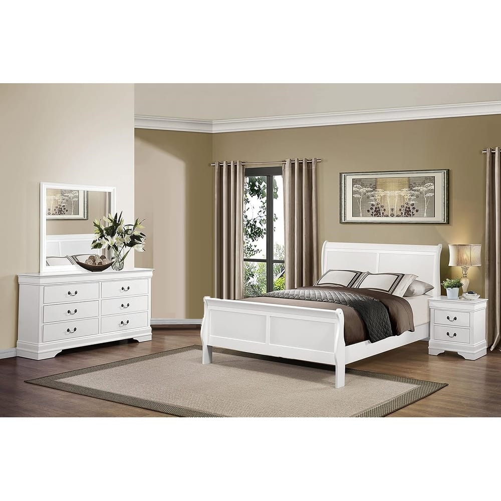 Transitional White Finish 4Pc Bedroom Furniture Set Sleigh Bed Dresser Mirror Nightstand