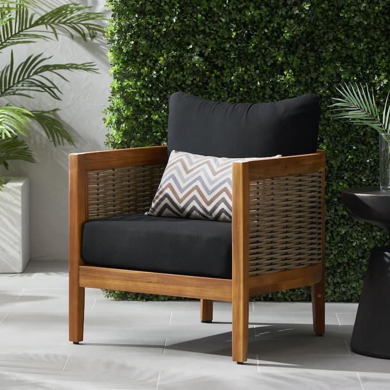 Christopher Knight Home Burchett Acacia Wood and Wicker Outdoor Club Chair with Cushions