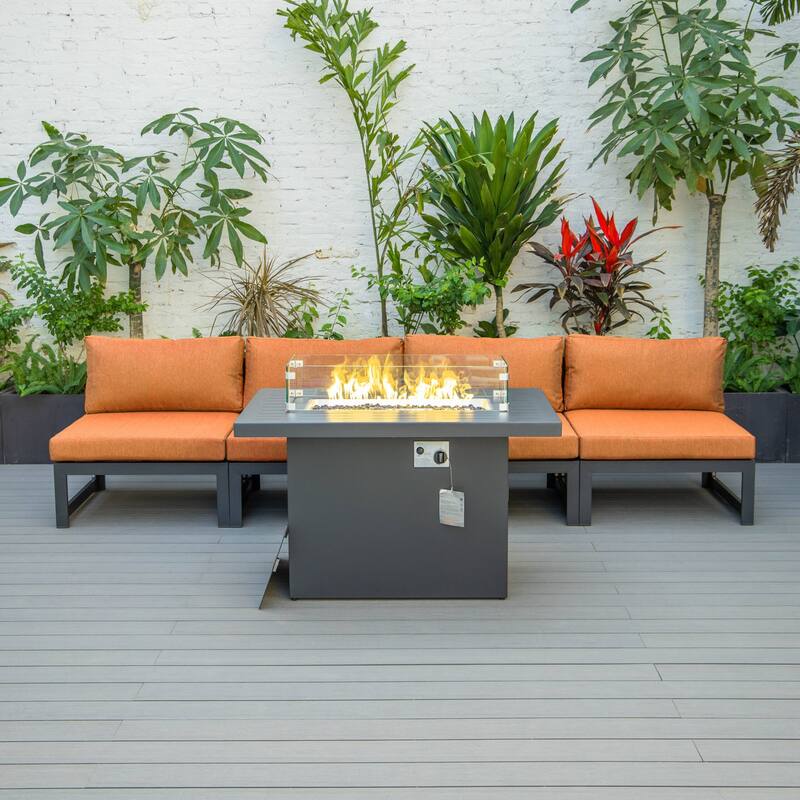 LeisureMod Chelsea 5-Piece Outdoor Patio Chairs and Fire Pit Table Set