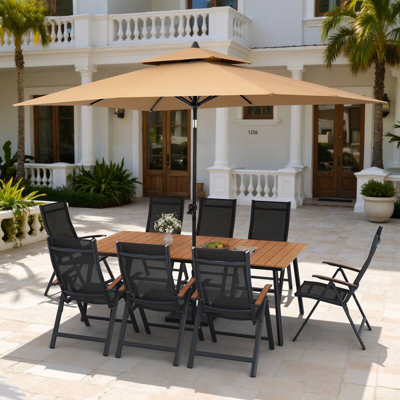 11PC Outdoor Patio Dining Set Wood-Like Aluminum Umbrella Hole Table with Folding Chairs,Double Top Market Umbrella and Base - BrownTable&BlackChairs&TanUmbrella