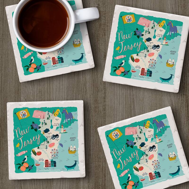 New Jersey Home 4-Pack Absorbent Stone Coasters with Protective Cork Backing 4" Square Made in The USA Easily Wipes Clean