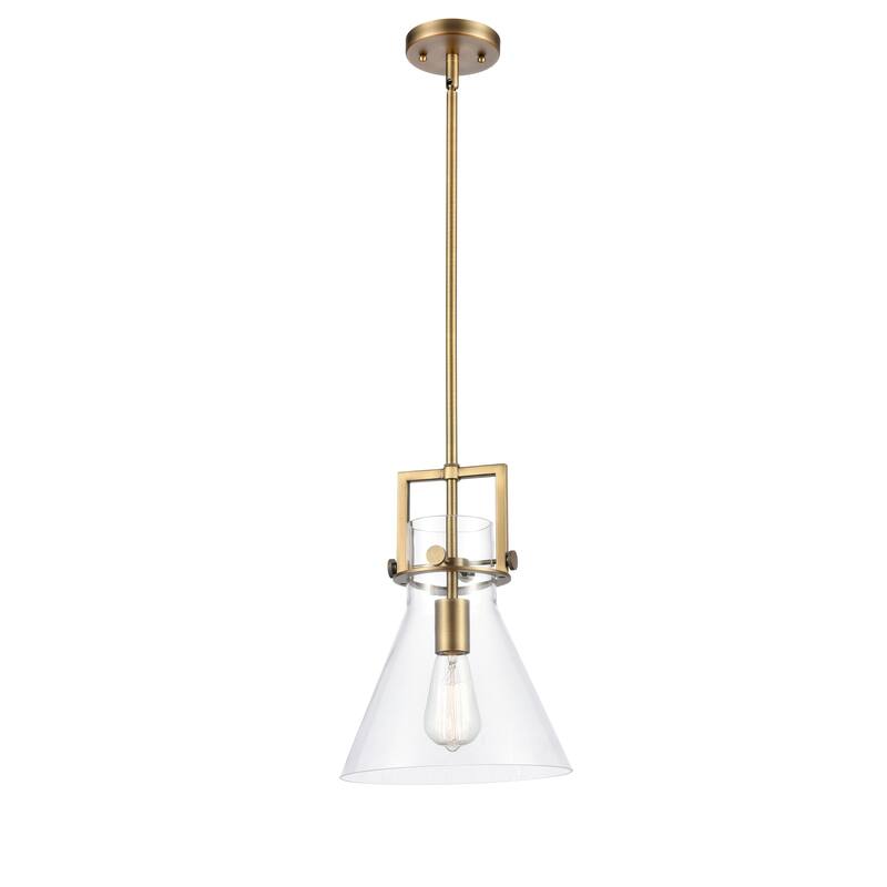 Innovations Lighting Newton Cone - 1 Light 10" Stem Hung Pendant - Clear/Brushed Brass