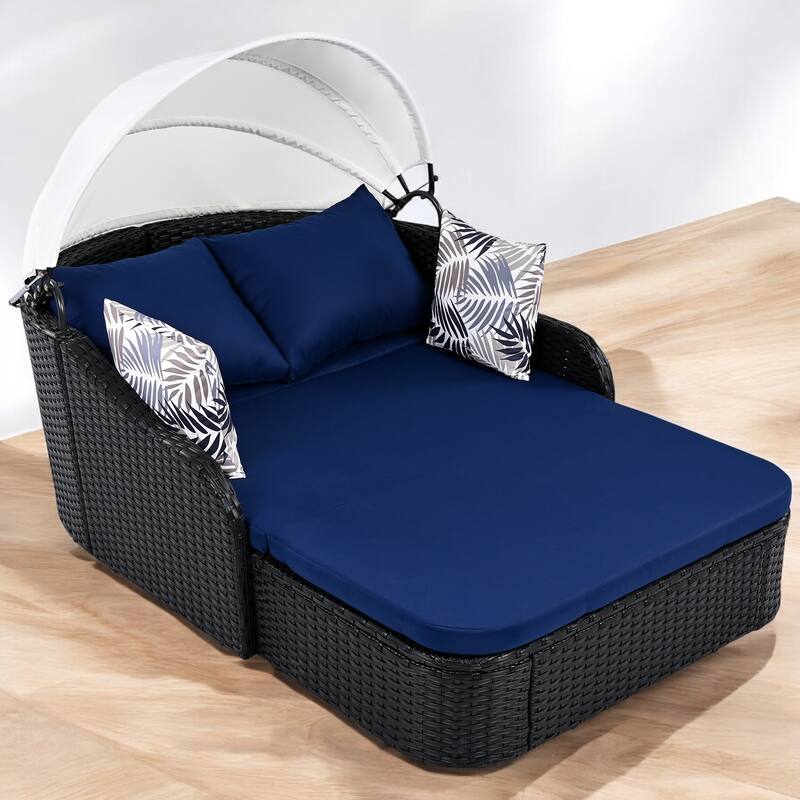 Outdoor Sunbed with Adjustable Canopy - Rattan Double Lounge Daybed 4 Pillows, and Cushions for Patio, Deck, or Garden
