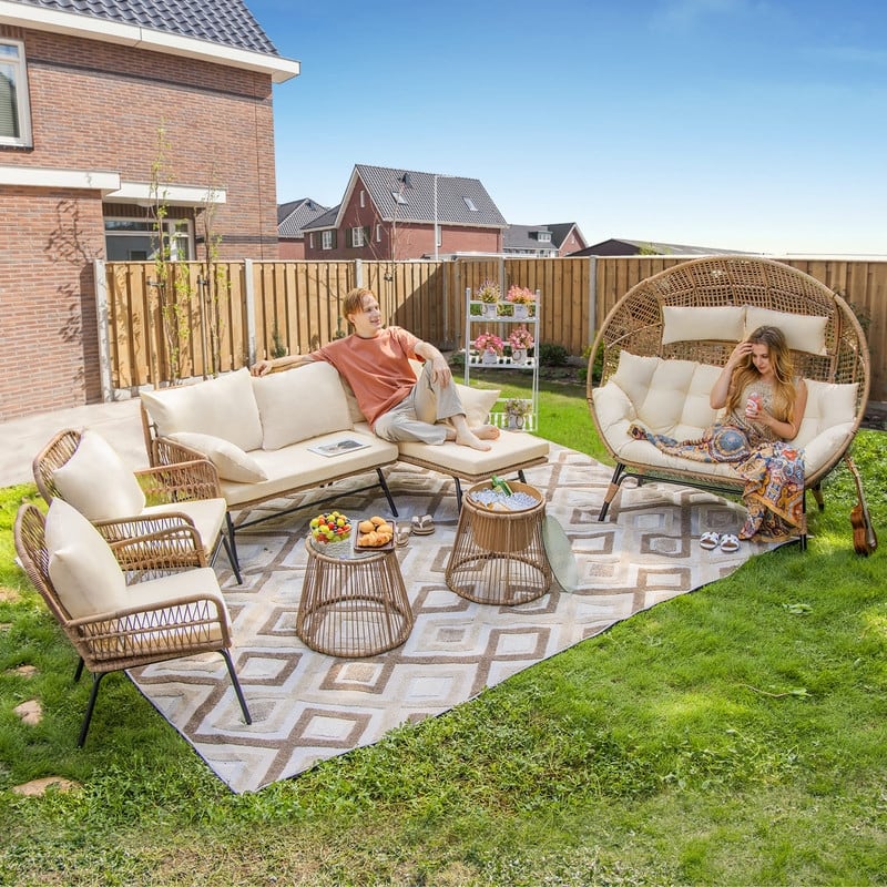 7-Piece Outdoor Boho Patio Furniture Set with Double Egg Chair, Wicker Sectional Conversation Set with Coffee Tables and Cushio