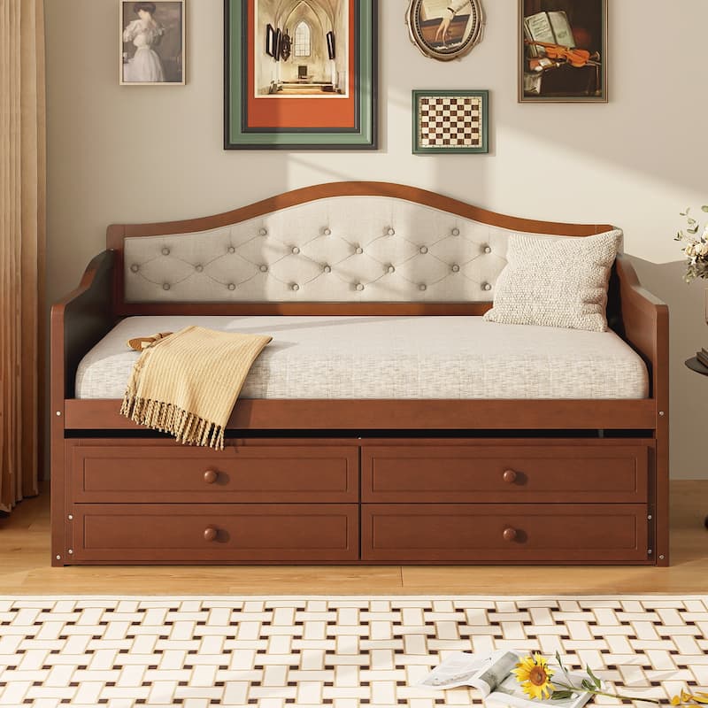 Twin Daybed with Trundle, Twin Size Daybed with 2 Storage Drawers, Wooden Sofa Bed with Upholstered Button Tufted Backrest